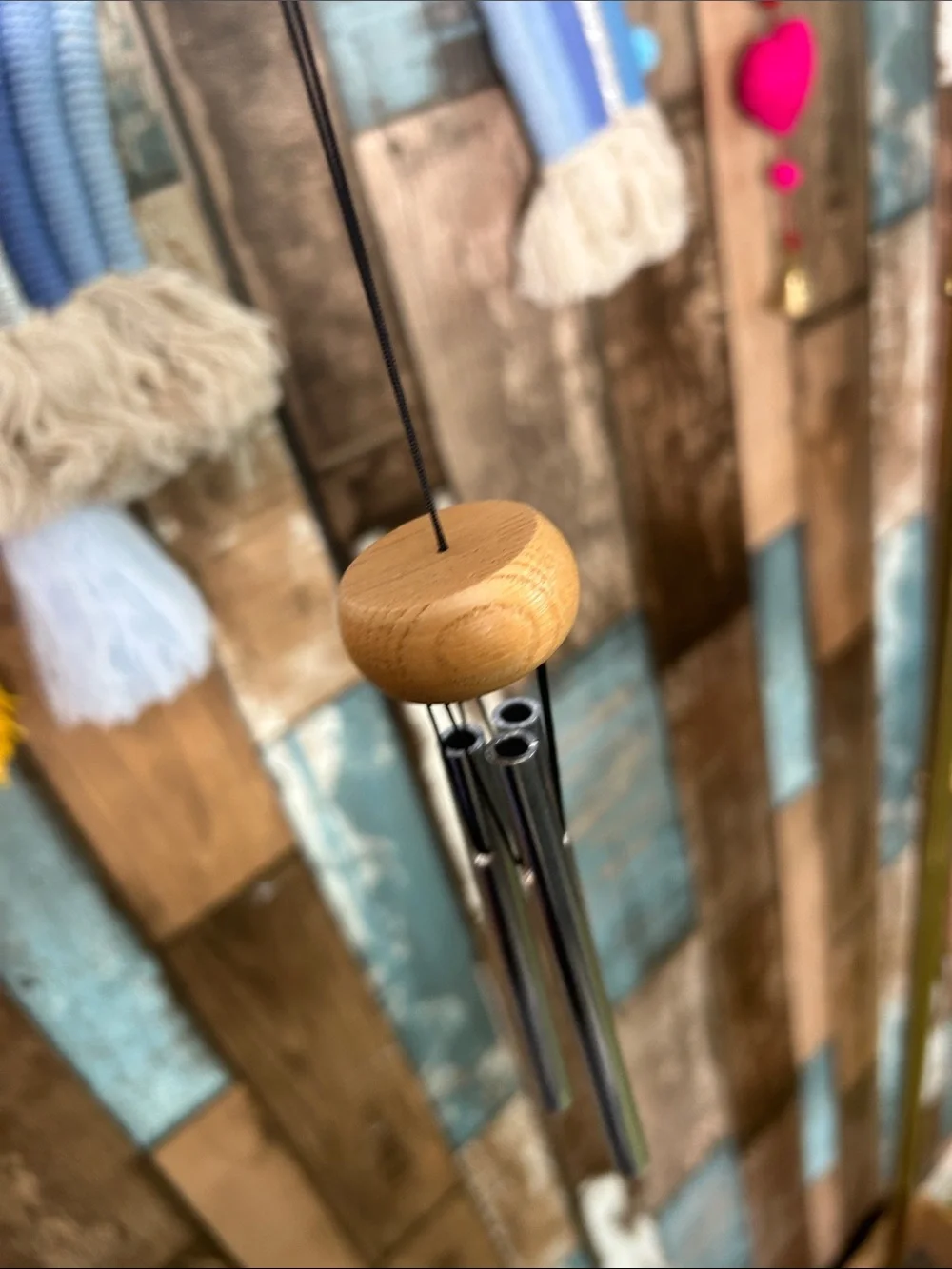 Mini Wind Chime with Natural Wood Top - Silver Tubes